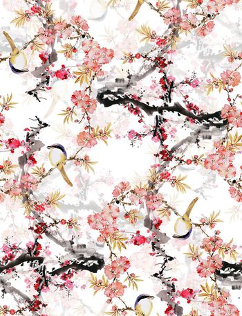 424297-中国风桃花开花鸟水墨感数码印花