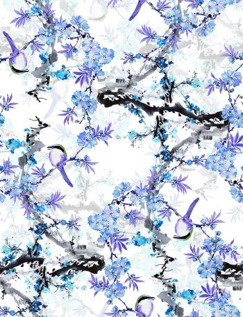 424298-中国风桃花开花鸟水墨感数码印花