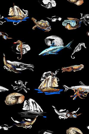 数码趣味手绘海洋生物印花华亿平台图片