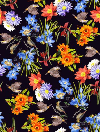 424859-气场复古手绘写实植物大花数码印花