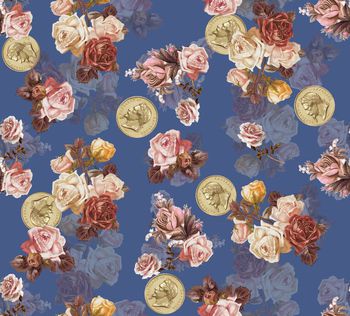 425140-复古时尚硬币手绘玫瑰花数码印花