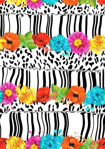 425472-简约清新豹纹斑马纹与彩色水墨花卉条