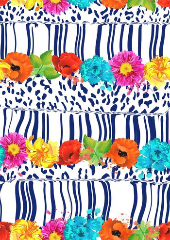 425473-简约清新豹纹斑马纹与彩色水墨花卉条
