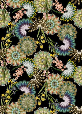 425477-复古羽毛扇形手绘花卉数码印花0