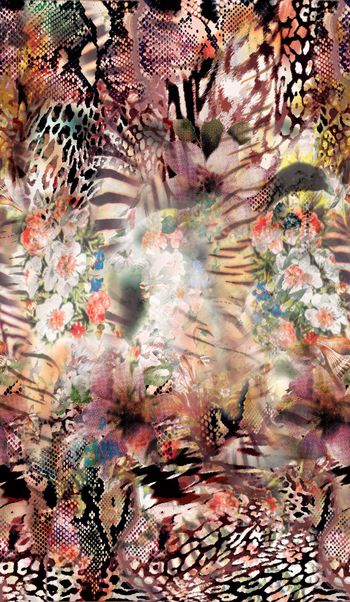 425593-抽象动物花卉纹组合裙装旗袍