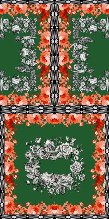 426102-复古欧式传统软薄绸花卉撞色女装连衣