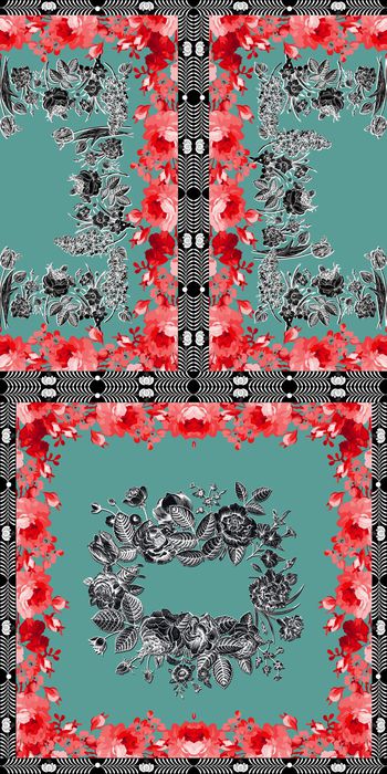 426104-复古欧式传统软薄绸花卉撞色女装连衣