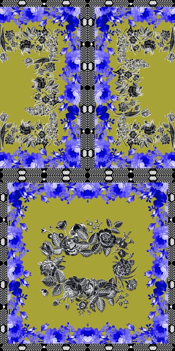 426105-复古欧式传统软薄绸花卉撞色女装连衣