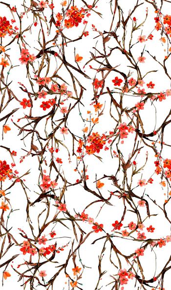 426252-中国风手绘桃花树枝数码印花