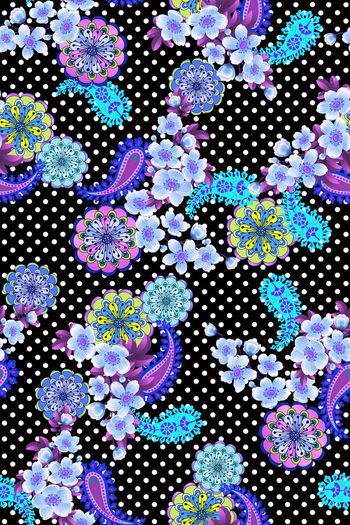 426266-经典黑白波点桃花圆形图腾佩斯利火腿