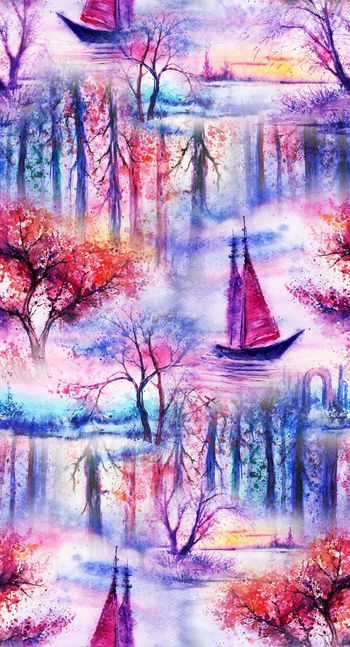 426507-梦境画稿 欧式水彩冬季丛林 帆船 