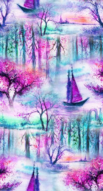 426508-梦境画稿 欧式水彩冬季丛林 帆船 