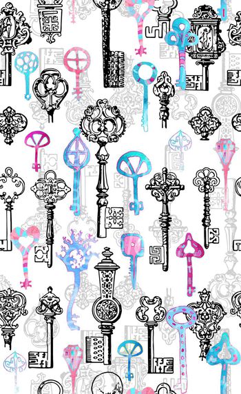 426810-简单清新欧式春夏手绘水彩复古黑白钥
