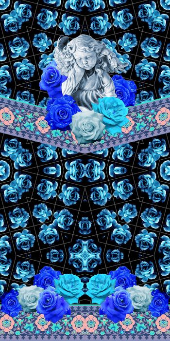 426845-哥特风格花卉镜像天使雕像蓝色玫瑰花