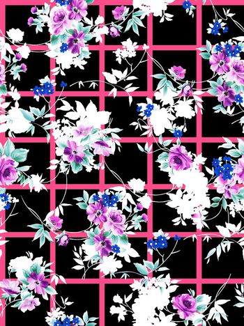 426965-缠枝花卉剪影几何大格子条纹组合女装