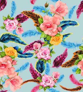 427264-手绘绚丽羽毛玫瑰花花卉数码印花
