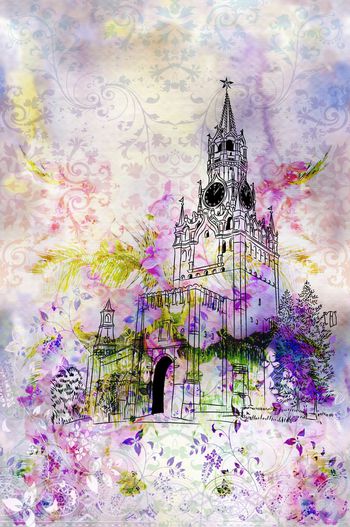 428481-水墨水彩欧式底纹花卉手绘建筑