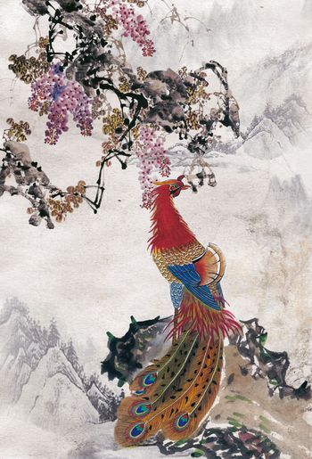 428636-水墨凤凰山水花鸟 中国风男装 旗袍