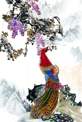 428638-水墨凤凰山水花鸟 中国风男装 旗袍