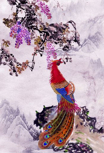 428639-水墨凤凰山水花鸟 中国风男装 旗袍