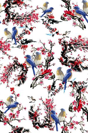 中国风喜鹊梅花印花华亿平台图片