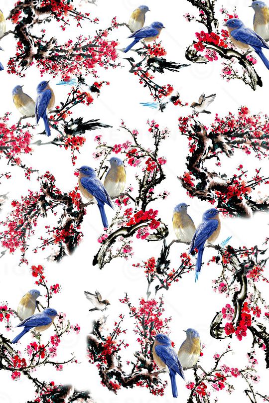 中国风喜鹊梅花印花华亿平台图片