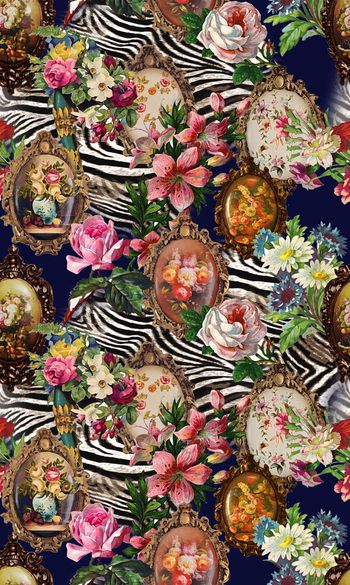 431161-宫廷风复古画框花卉数码印花