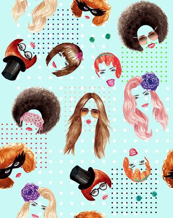 431208-卡通美女头像手绘时尚圆点波点组合女