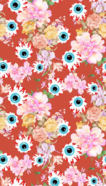 431614-创意手绘花卉卡通眼珠组合数码印花