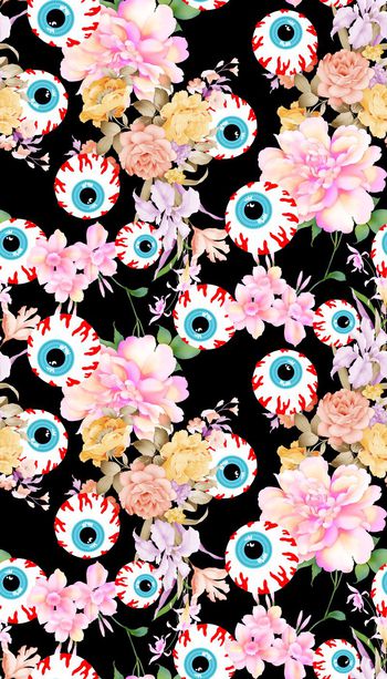 431615-创意手绘花卉卡通眼珠组合数码印花