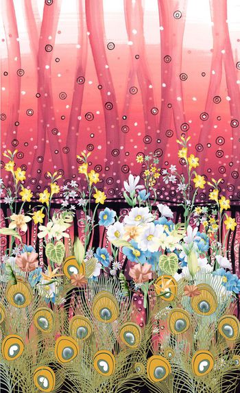 431632-定位孔雀羽毛手绘花卉渐变数码印花