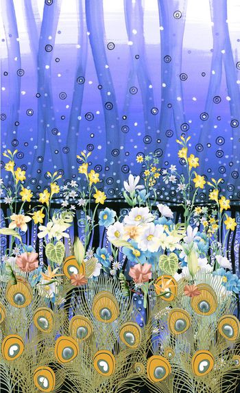 431634-定位孔雀羽毛手绘花卉渐变数码印花