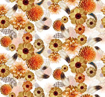 432178-流行时尚黄色写实花卉羽毛组合印花