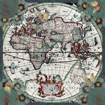 432367-高端复古手绘地图旅行元素丝巾.