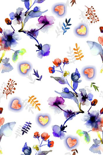 432413-简单清新欧式水彩花卉心形树枝枝叶组