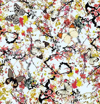 433028-	中国风点彩桃花水墨感数码印花