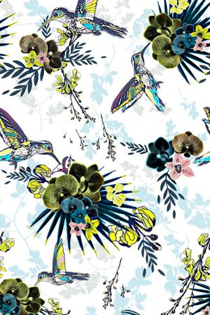 蜂鸟 花卉印花华亿平台图片