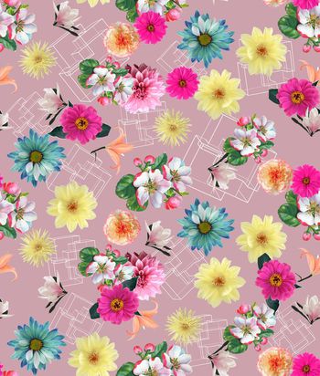 433252-	流行时尚简约花卉组合印花.