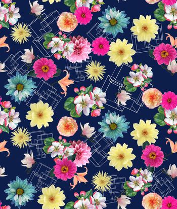 433253-	流行时尚简约花卉组合印花.