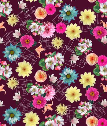 433254-	流行时尚简约花卉组合印花.