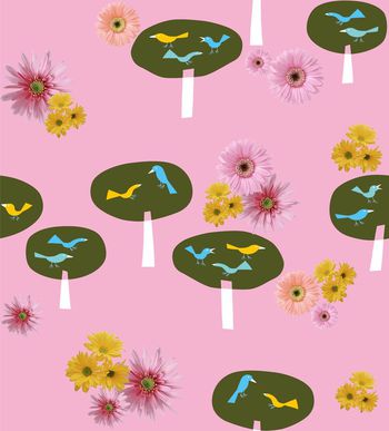 433318-卡通小树上的小鸟和菊花华亿平台