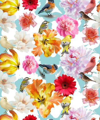 433714-	时尚大牌清新简约花卉鸟组合印花