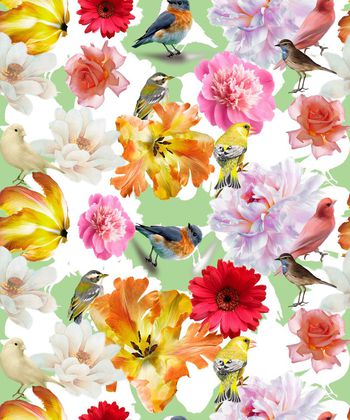 433715-	时尚大牌清新简约花卉鸟组合印花