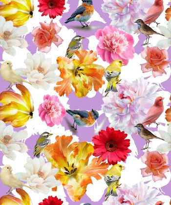 433716-	时尚大牌清新简约花卉鸟组合印花