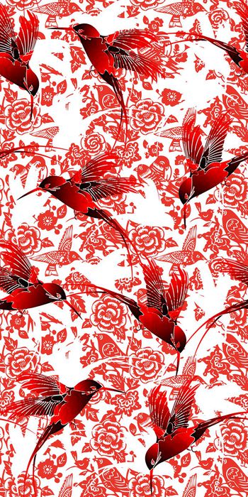 433875-中国风 剪影 花卉 蜂鸟 画稿 服