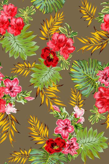 434137-热带风情手绘棕榈叶热带花卉植物春夏