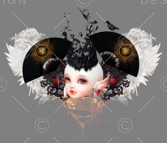 女装定位复古扇子娃娃羽毛皇冠印花华亿平台图片