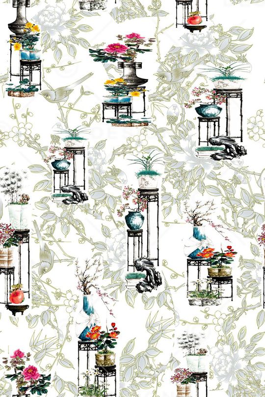 古典工笔线描印花华亿平台图片