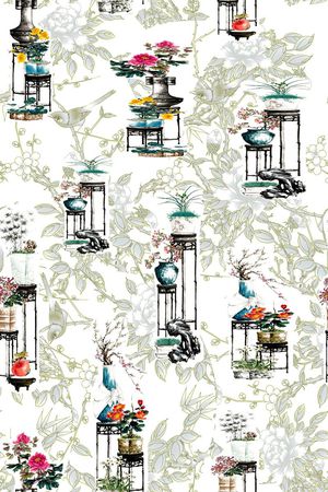 古典工笔线描印花华亿平台图片