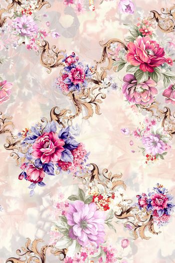 435227-豹纹扎染底纹欧式卷草手绘花卉